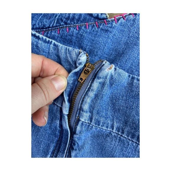 Vtg 90s Guess Jeans Denim Halter Dress Palm Tree Embroidery Pink Contrast Stitch - Picture 2 of 9